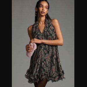 Anthropologie Let Me Be Green Pink Floral V Neck Ruffle Hem Swing Mini Dress S